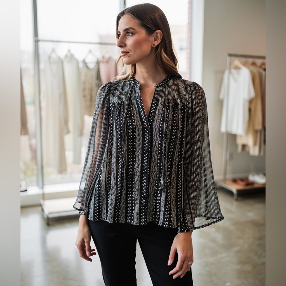 Sabina Musayev Sheer Geometric Boho Blouse Wide Long Sleeves Loose Fit Button Up
